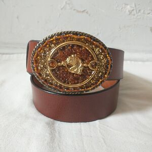 Ivan Western Belt Womens 32 Brown Genuine Leather Beaded Buckle Horse Gold